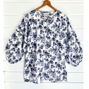 SUE SARTOR Blue & Gray Floral Print Blouse -M